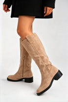 Women's Camel Suede Knee-High Low Block Heel Winter Boots