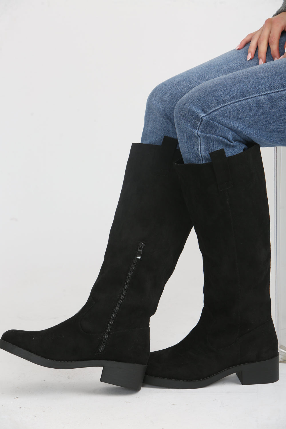 Black Suede Designer Knee High Flat Boot (PACK A)