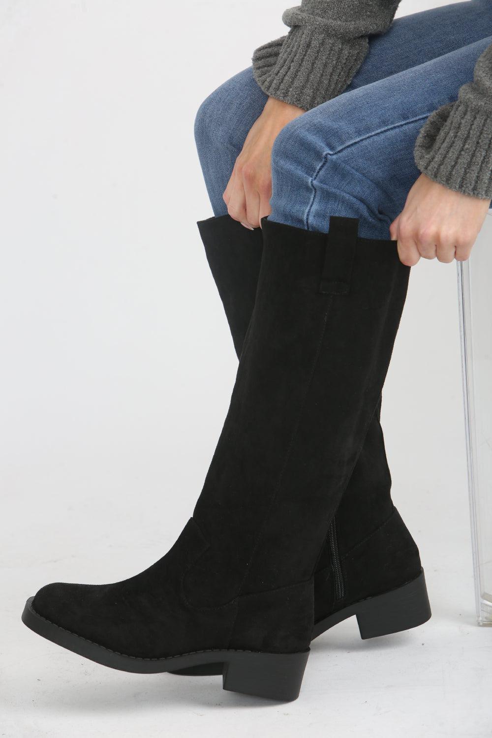 Black Suede Designer Knee High Flat Boot