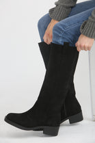 Black Suede Designer Knee High Flat Boot