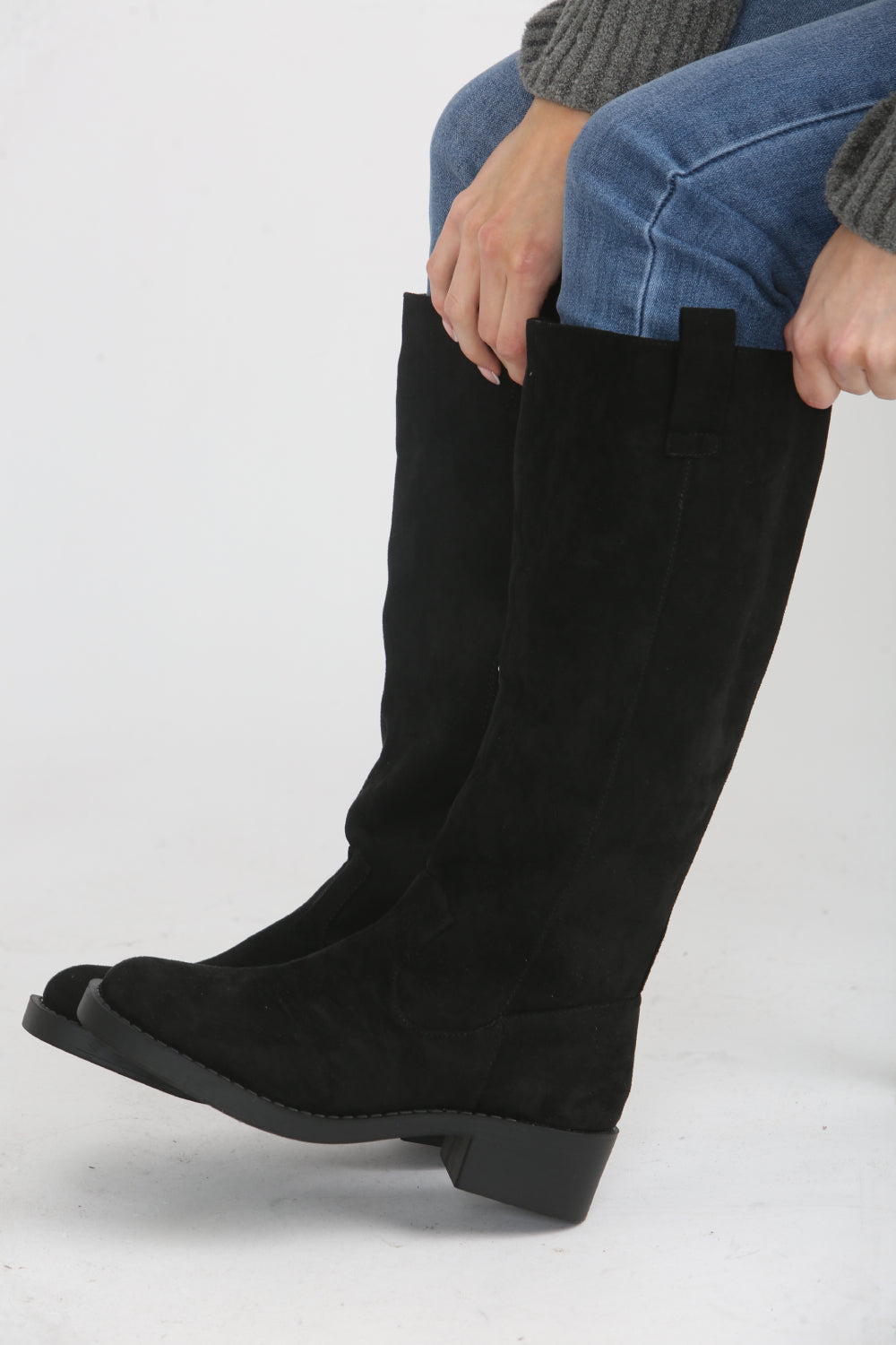 Black Suede Designer Knee High Flat Boot