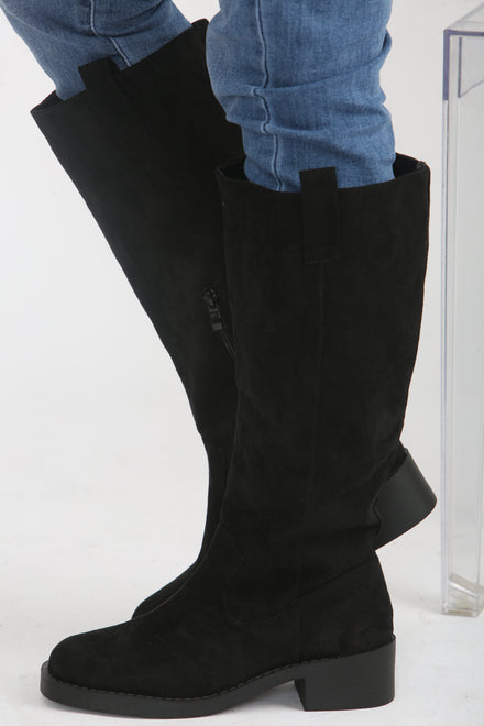 Black Suede Designer Knee High Flat Boot (PACK A)