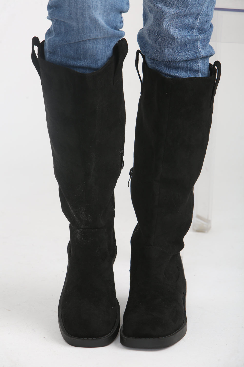 Black Suede Designer Knee High Flat Boot (PACK B)