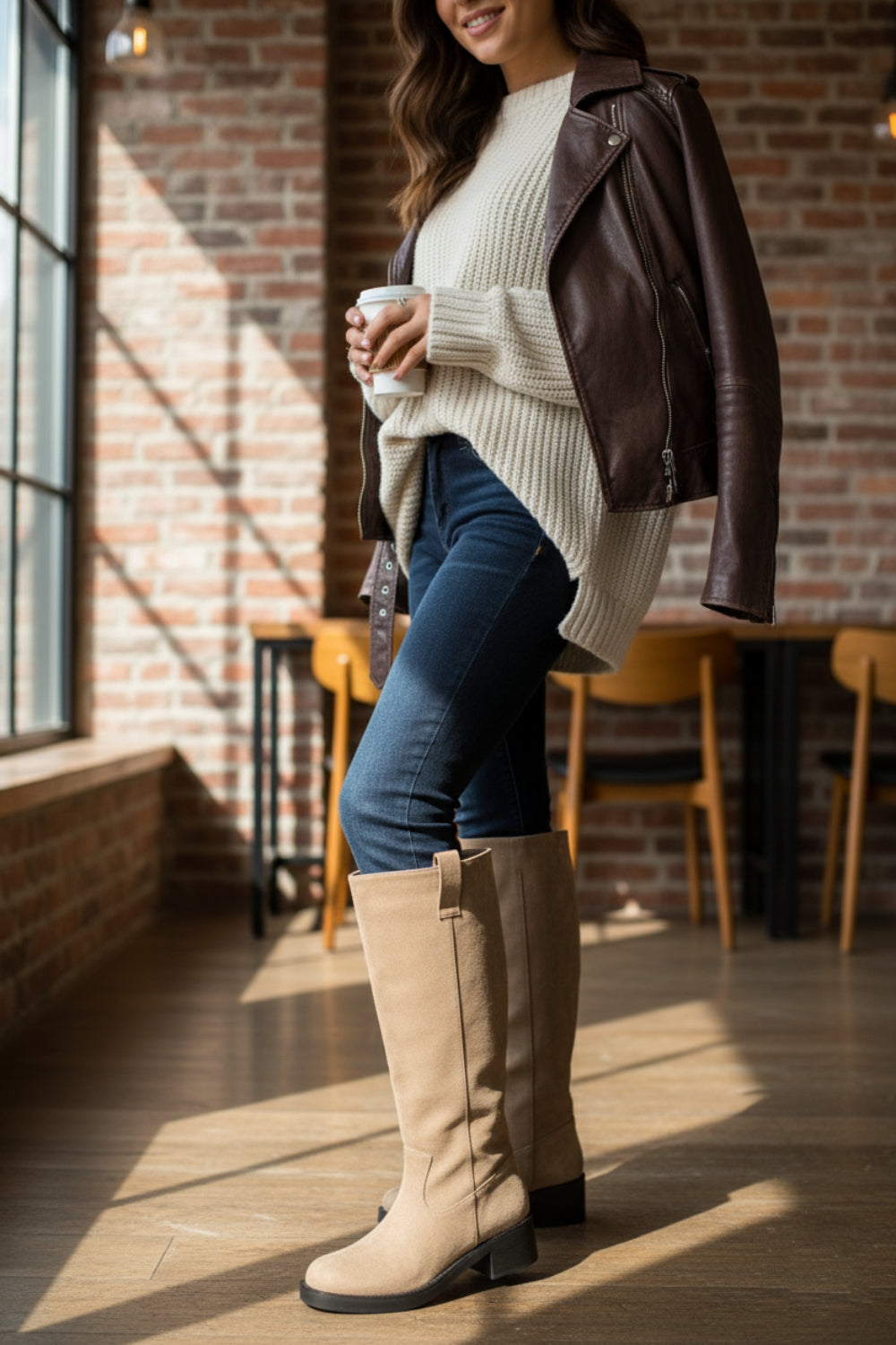 Camel Suede Designer Knee High Flat Boot