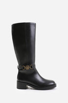 Black PU Designer Detail Knee High Heeled Boot