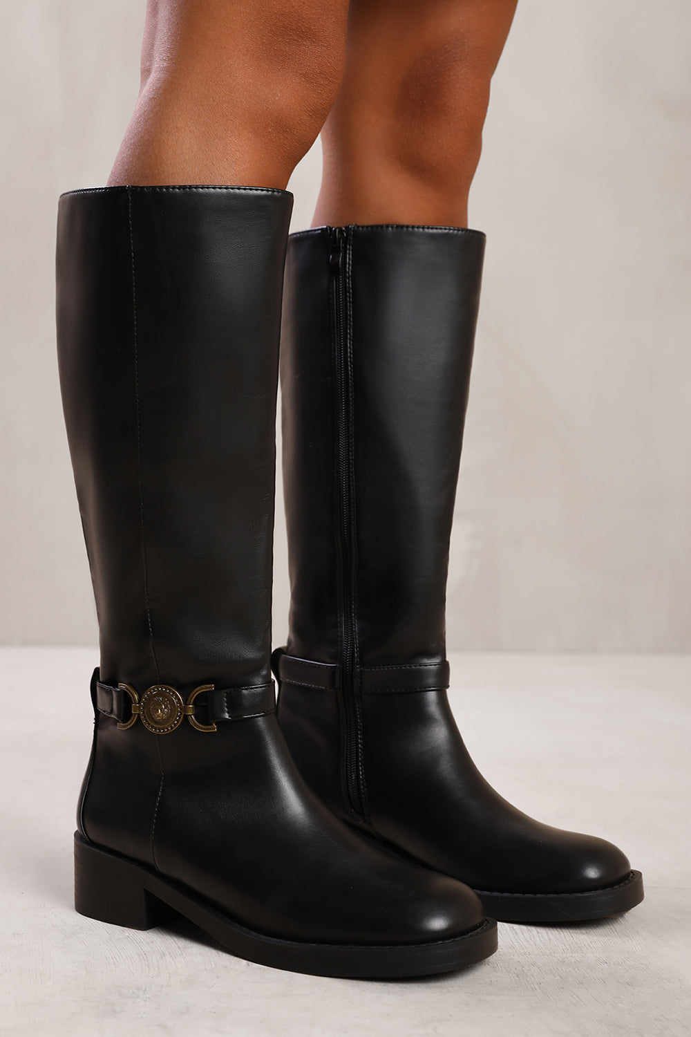 Black PU Designer Detail Knee High Heeled Boot