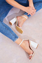 White PU Block High Heel Sandal with Square Toe & Ankle Strap