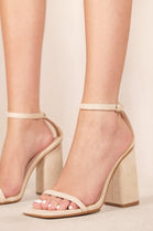 Light Cream Block High Heel Sandal with Square Toe & Ankle Strap