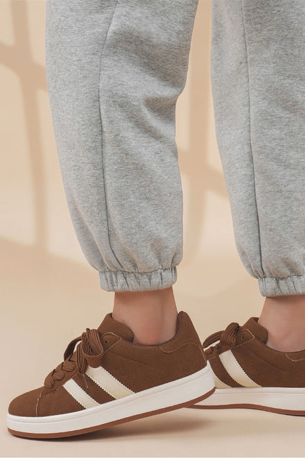 BROWN CORE CAMPUS DOUBLE STRIPES PLATFORM LACE UP SNEAKERS
