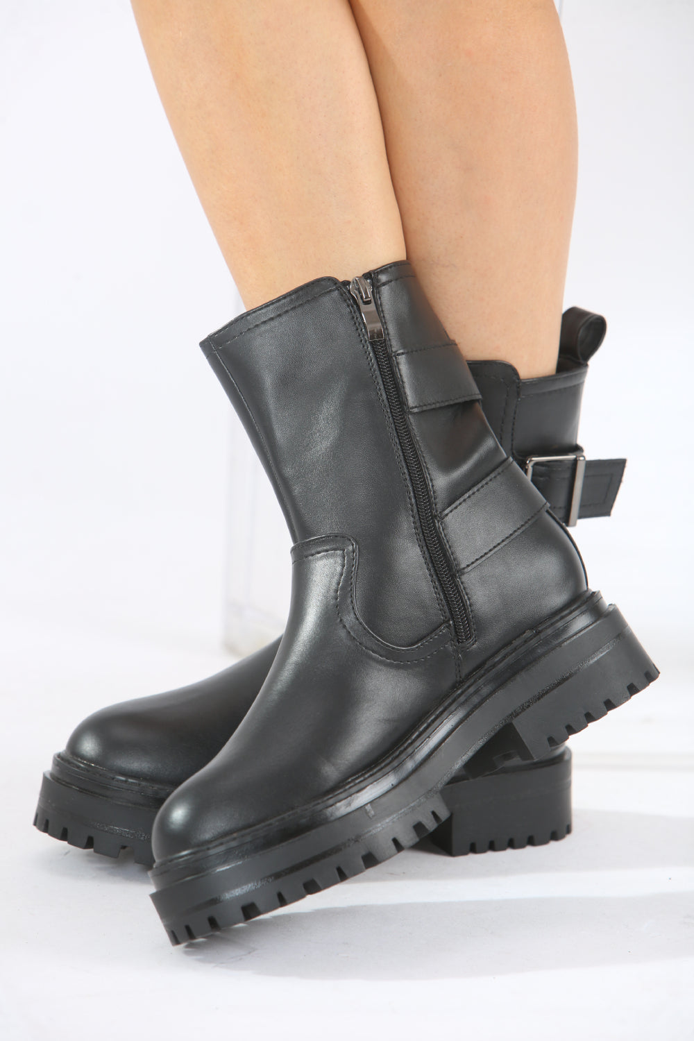 Black Double Buckle Chunky Biker Boots
