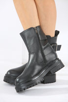 Black Double Buckle Chunky Biker Boots