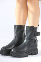 Black Double Buckle Chunky Biker Boots