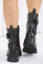 Black Double Buckle Chunky Biker Boots