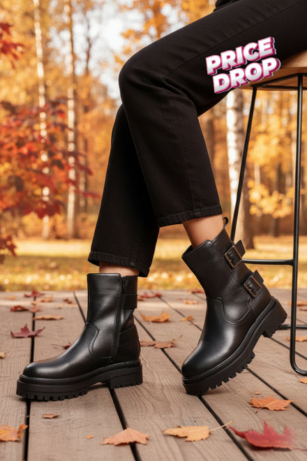 Black Chunky Sole Buckle Ankle Boots