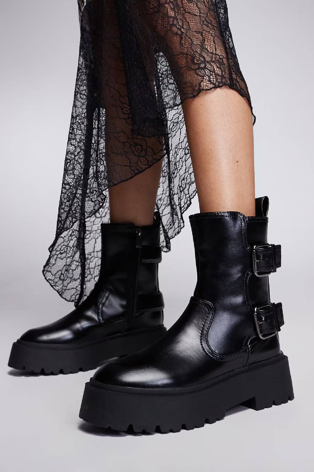 Black Double Buckle Chunky Biker Boots