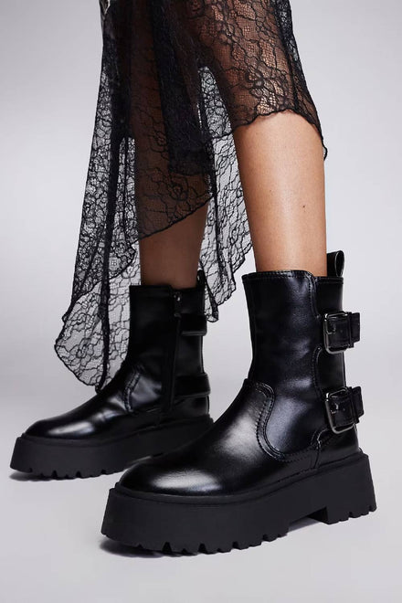Black Double Buckle Chunky Biker Boots