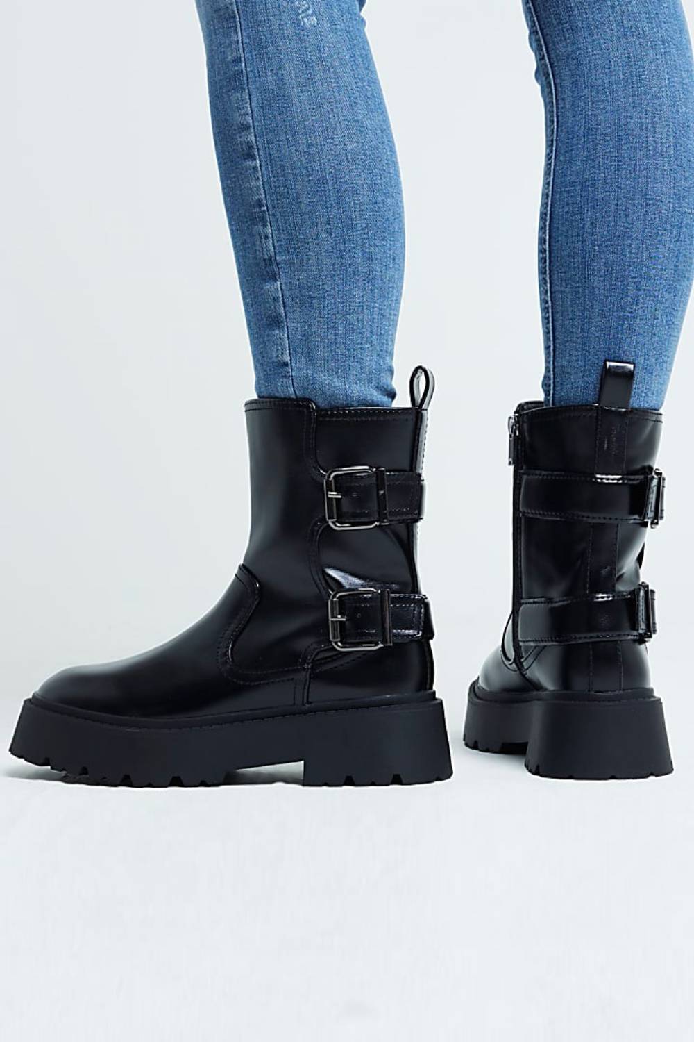 Black Double Buckle Chunky Biker Boots
