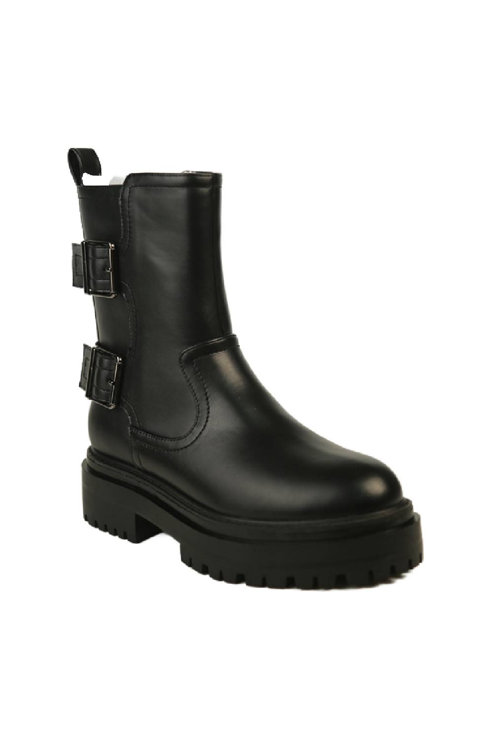 Black Double Buckle Chunky Biker Boots