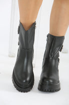 Black Double Buckle Chunky Biker Boots