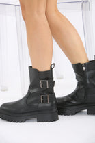 Black Double Buckle Chunky Biker Boots
