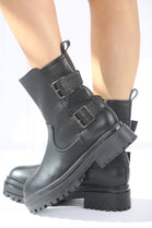 Black Double Buckle Chunky Biker Boots