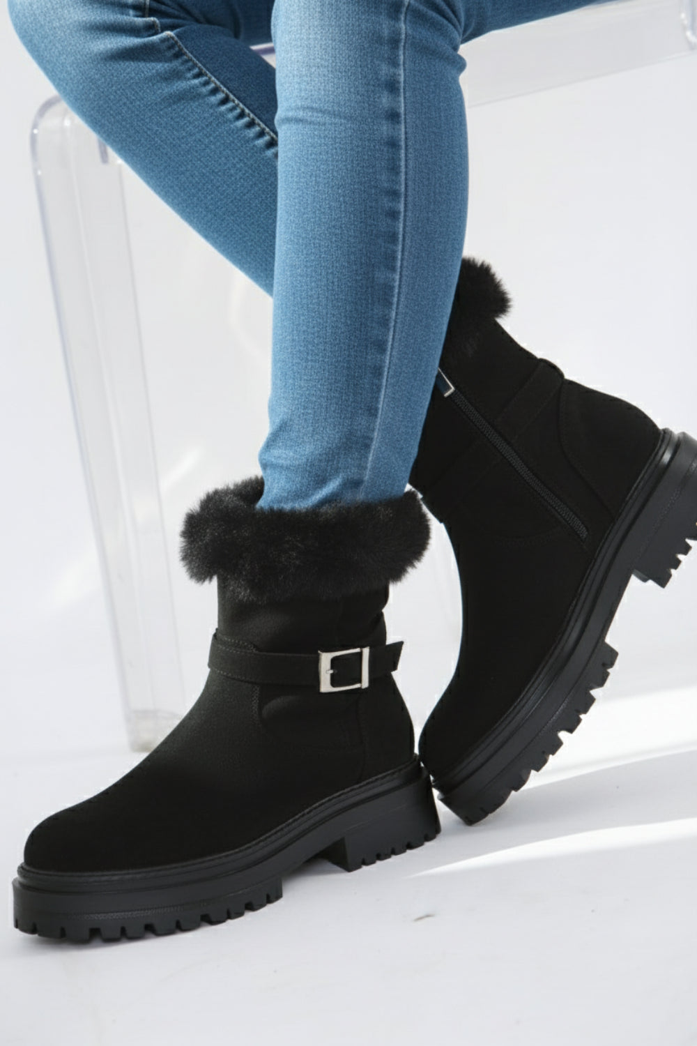 Black Faux Fur Collar Buckle Ankle Boot