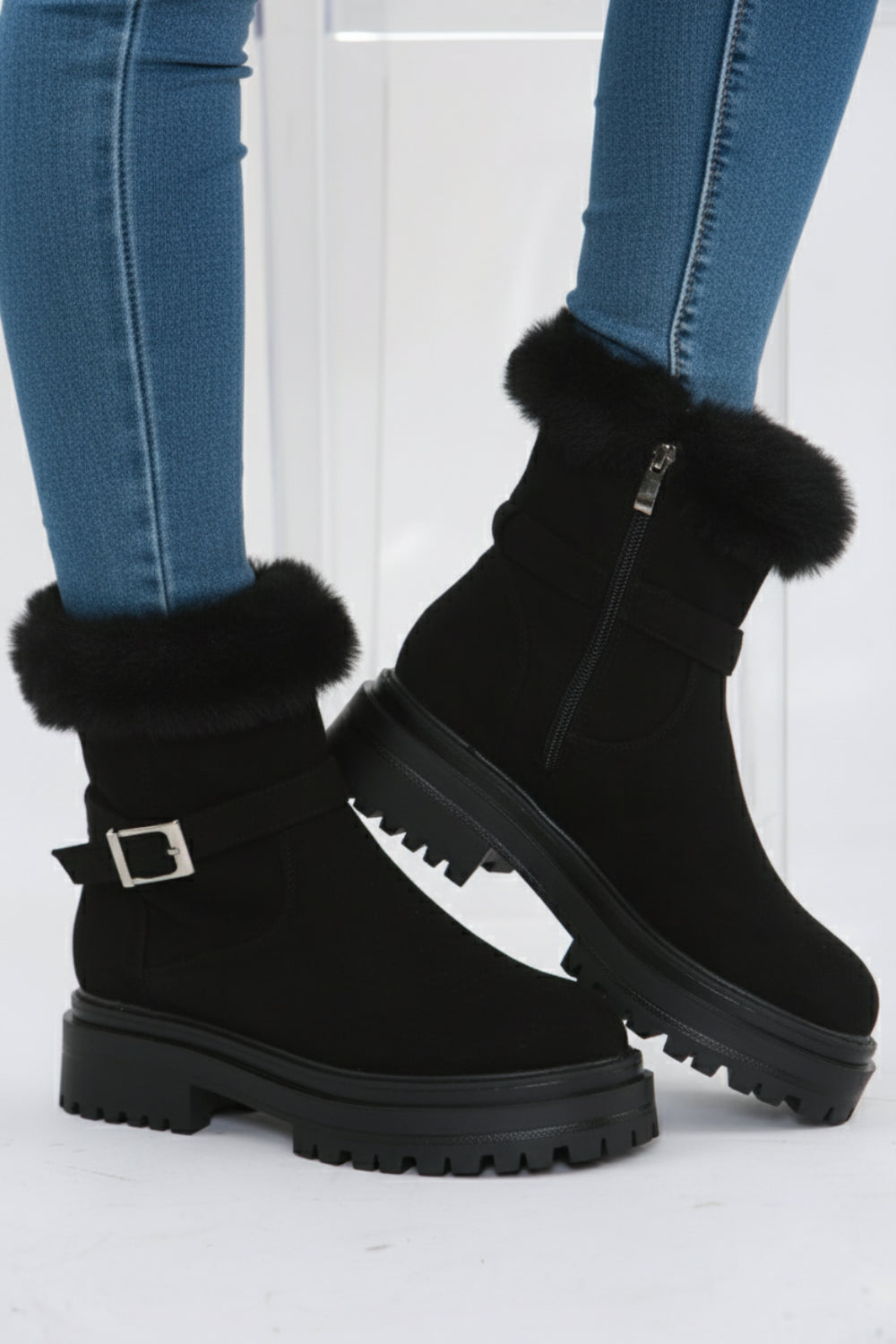 Black Faux Fur Collar Buckle Ankle Boot