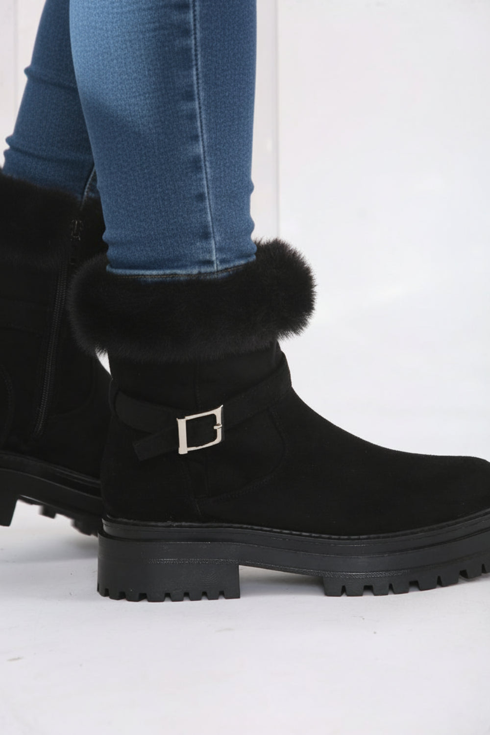 Black Faux Fur Collar Buckle Ankle Boot