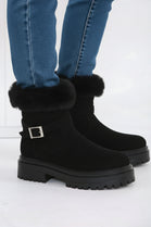 Black Faux Fur Collar Buckle Ankle Boot (PACK B)