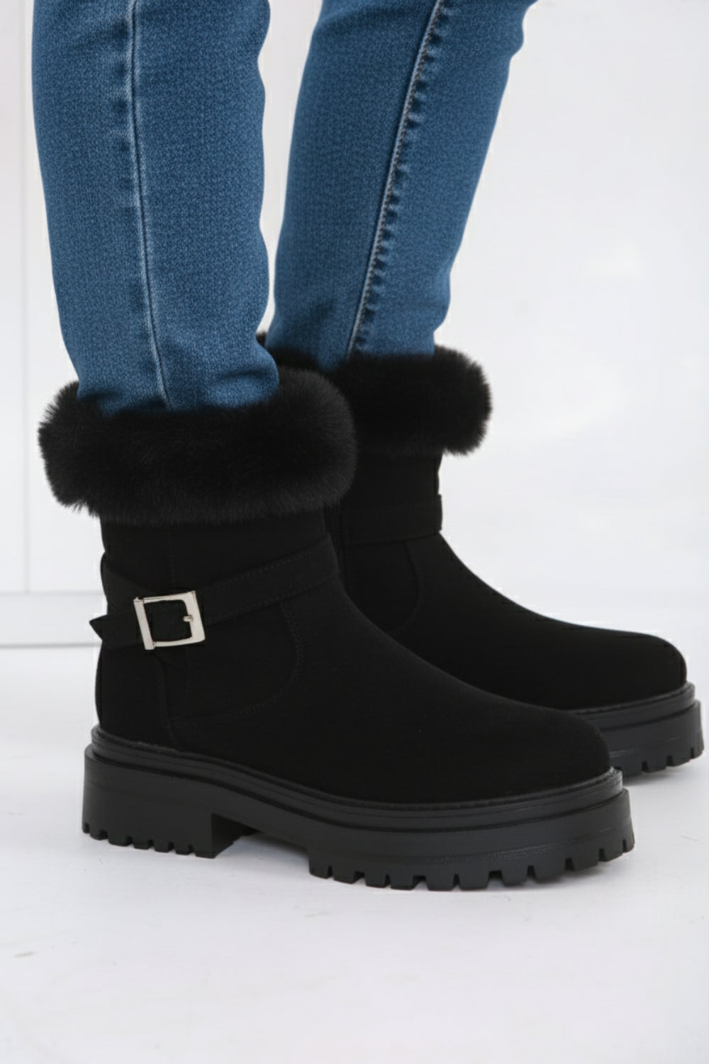 Black Faux Fur Collar Buckle Ankle Boot (PACK A)