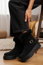 Black Faux Fur Collar Buckle Ankle Boot