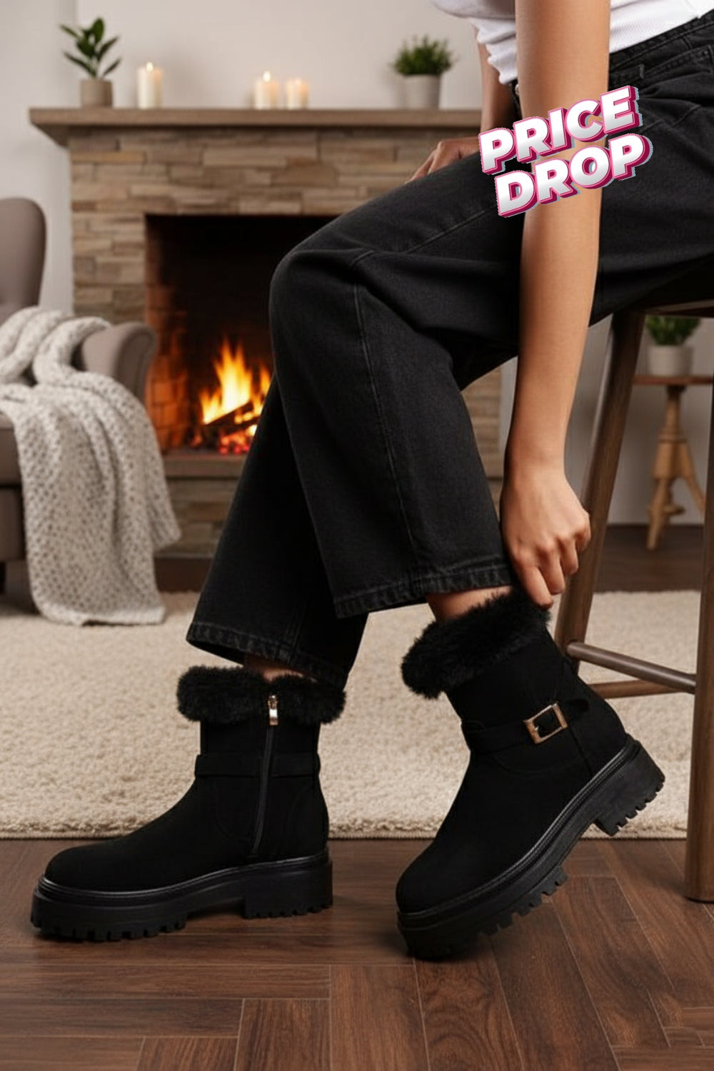 Black Faux Fur Collar Buckle Ankle Boot