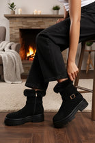 Black Faux Fur Collar Buckle Ankle Boot
