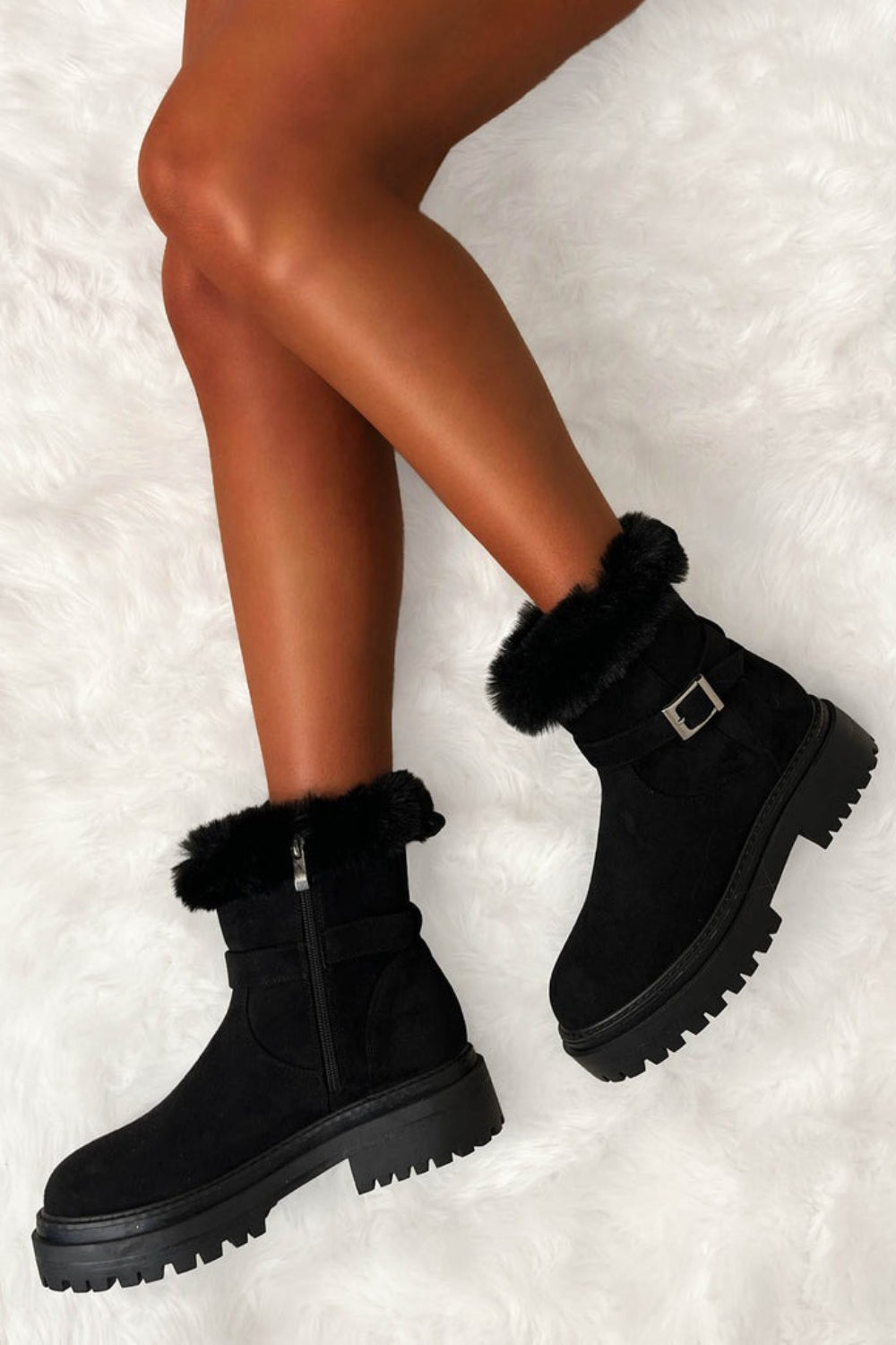 Black Suede Faux Fur Lined Winter Ankle Boots