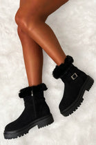 Black Suede Faux Fur Lined Winter Ankle Boots