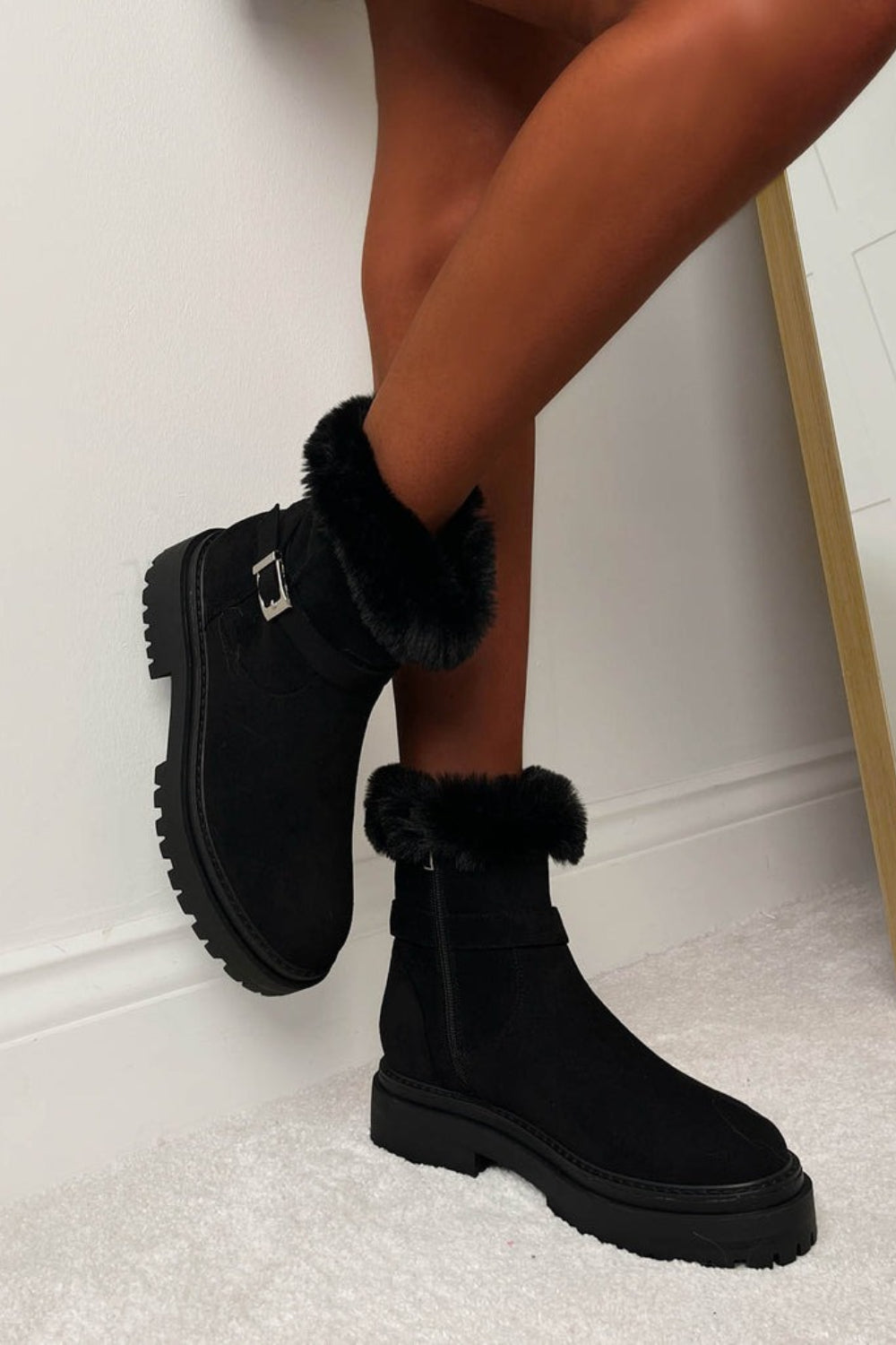 Black Suede Faux Fur Lined Winter Ankle Boots