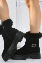 Black Faux Fur Collar Buckle Ankle Boot