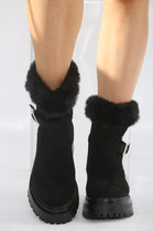 Black Faux Fur Collar Buckle Ankle Boot