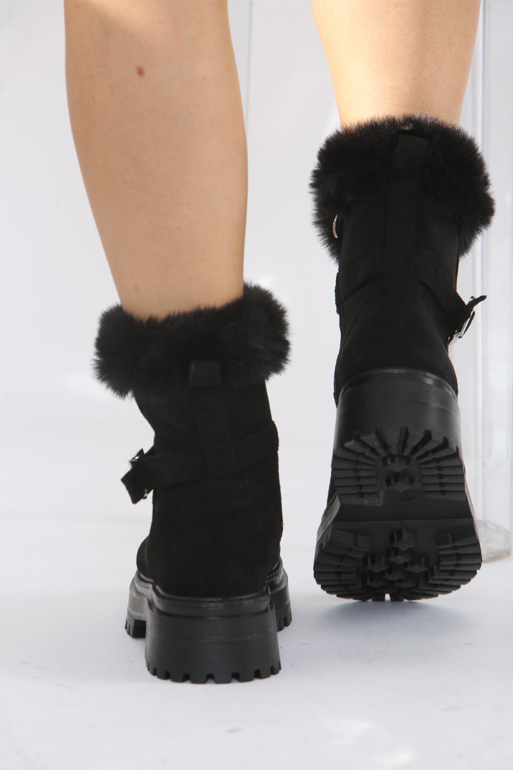 Black Faux Fur Collar Buckle Ankle Boot