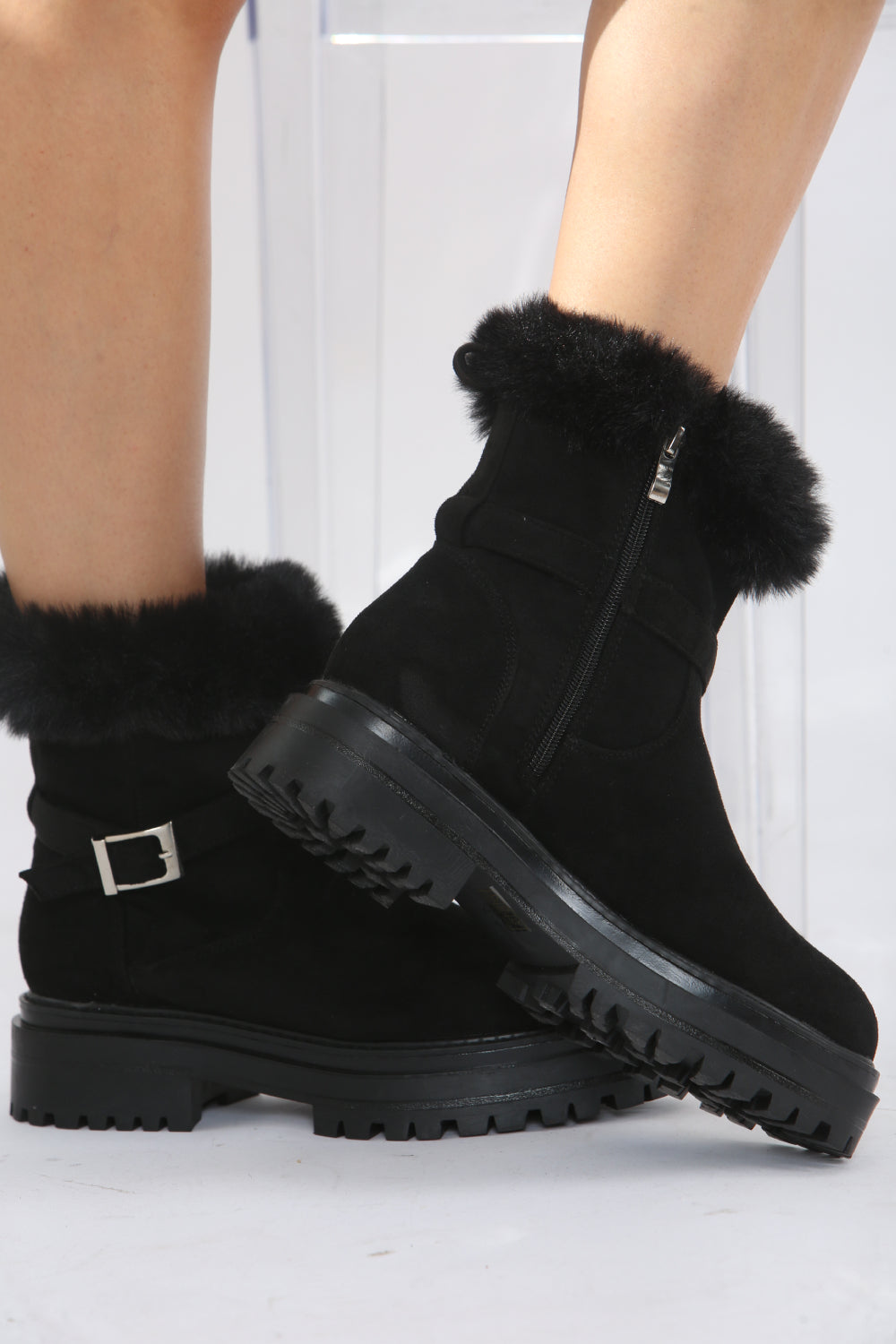 Black Faux Fur Collar Buckle Ankle Boot