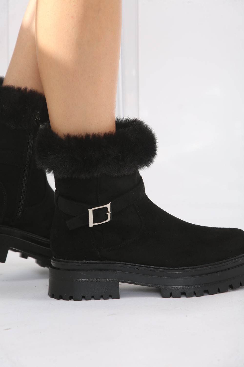 Black Faux Fur Collar Buckle Ankle Boot