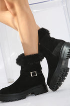 Black Faux Fur Collar Buckle Ankle Boot