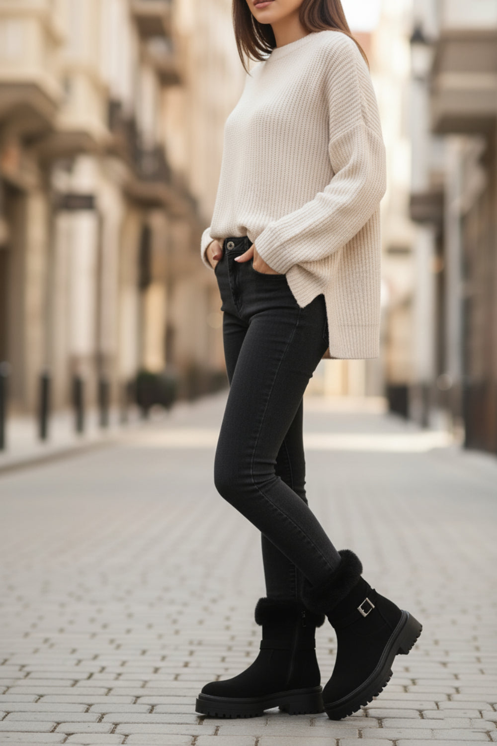 Black Faux Fur Collar Buckle Ankle Boot (PACK B)