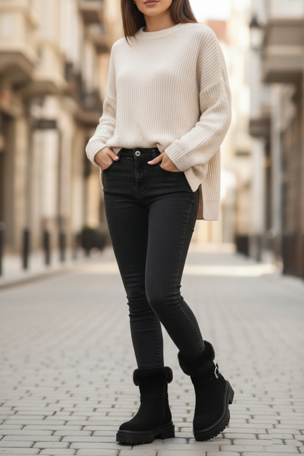 Black Faux Fur Collar Buckle Ankle Boot