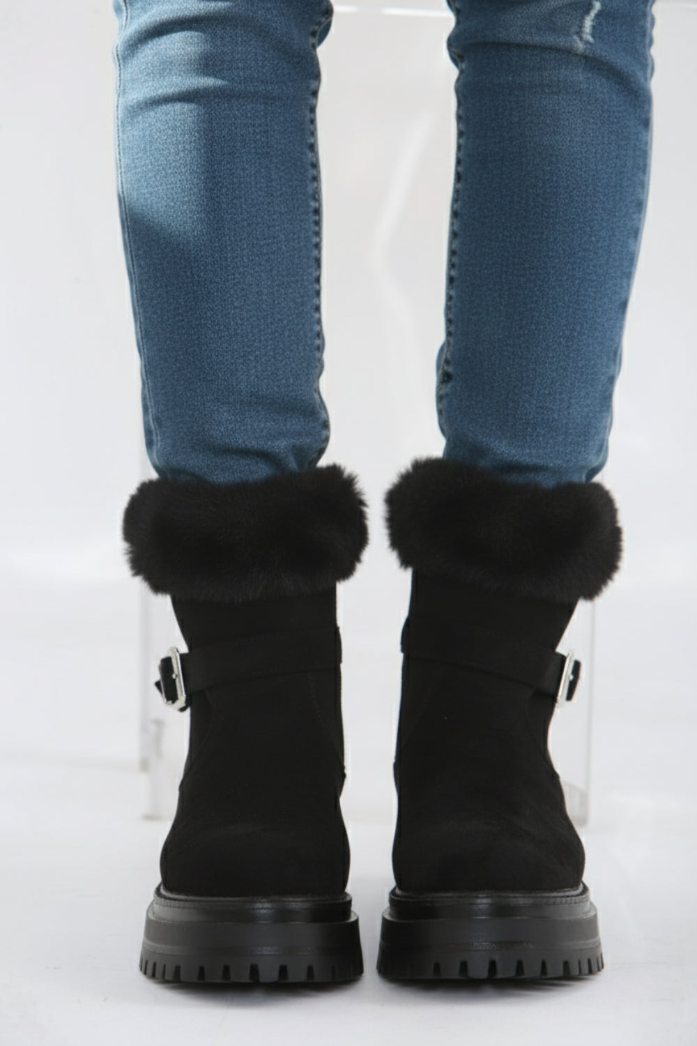 Black Faux Fur Collar Buckle Ankle Boot (PACK B)