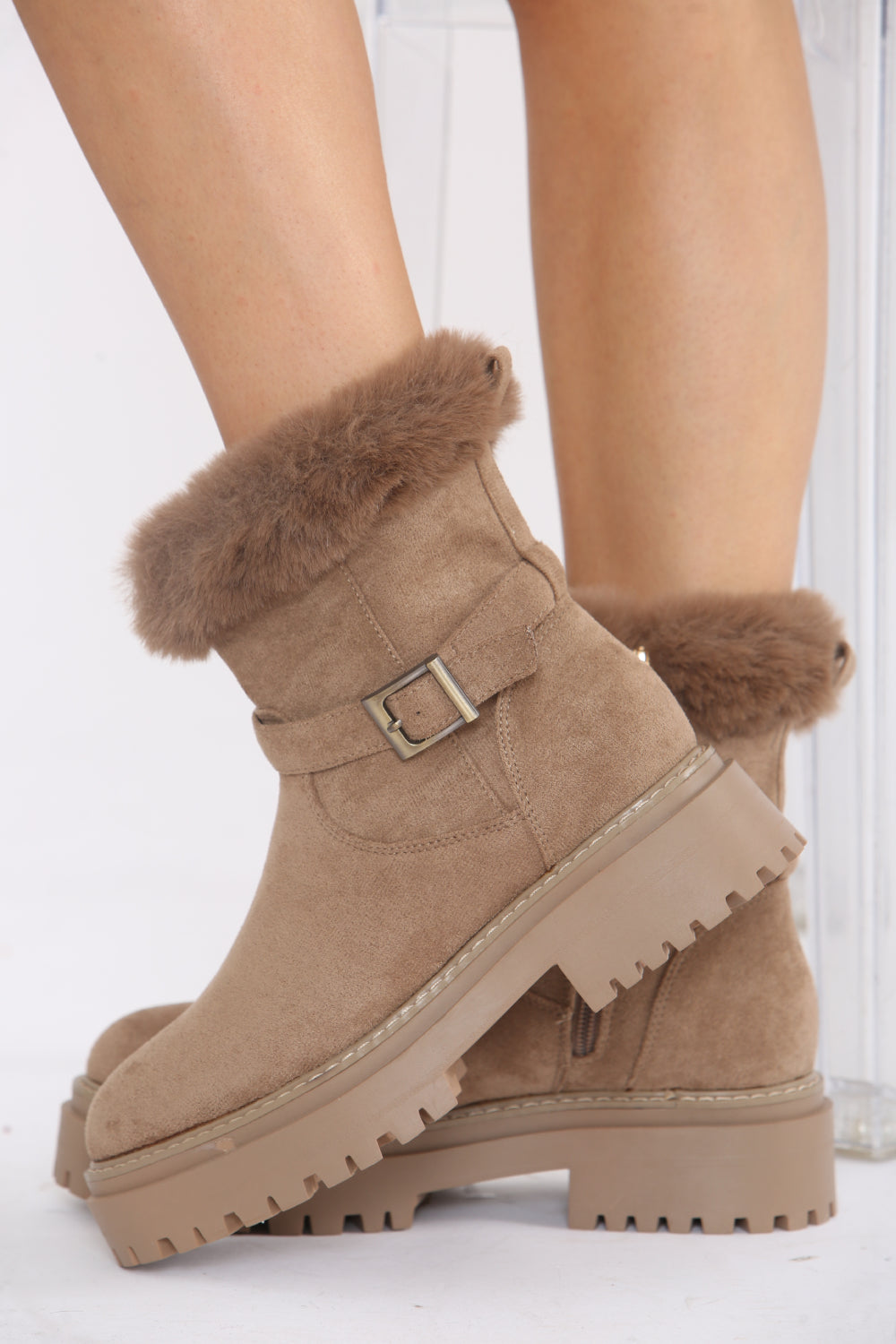Camel Faux Fur Collar Buckle Ankle Boot