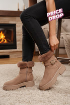 Camel Faux Fur Collar Buckle Ankle Boot