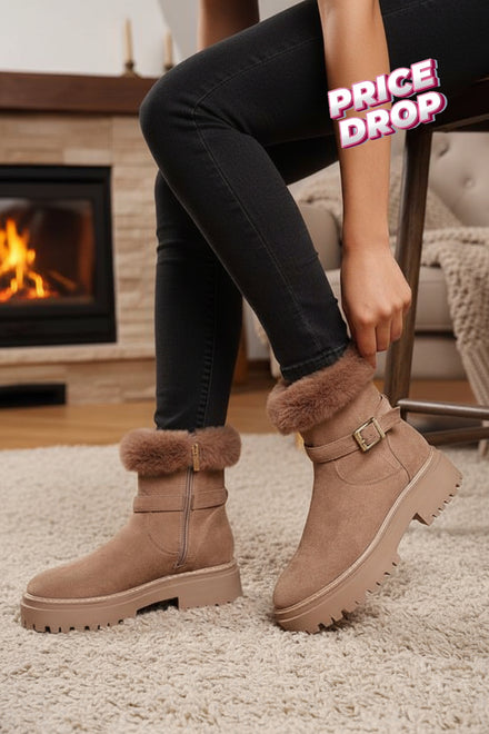 Camel Faux Fur Collar Buckle Ankle Boot