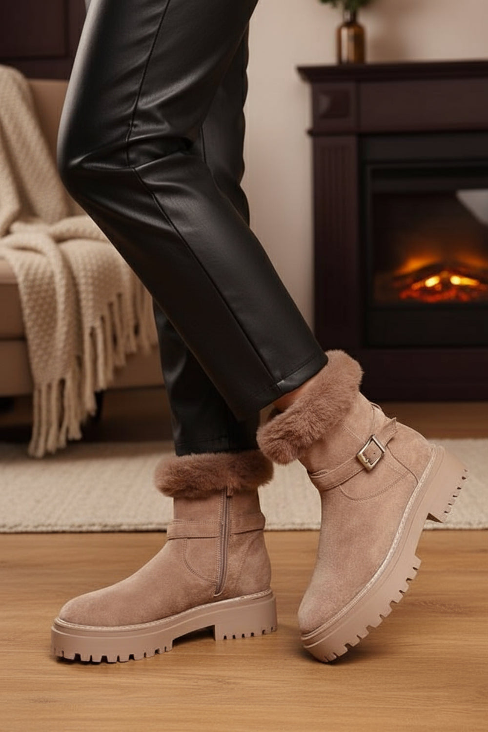 Camel Faux Fur Collar Buckle Ankle Boot