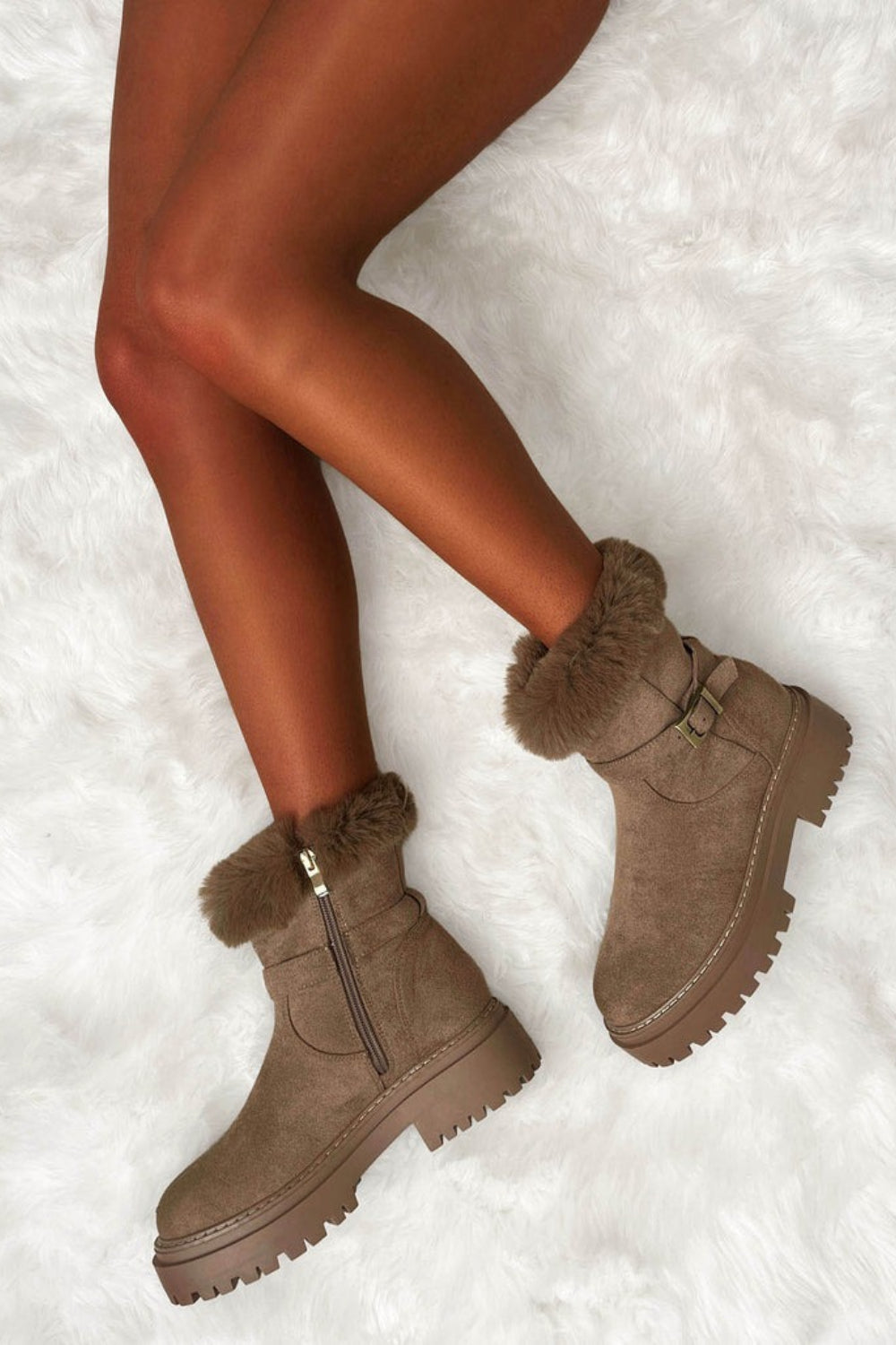 Camel Suede Faux Fur Lined Winter Ankle Boots